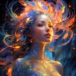 In a mesmerizing digital painting,  a celestial female alien emerges,  radiating vibrant bioluminescent hues against the dark expanse of space. Its otherworldly form is a symphony of iridescent colors,  with scales that shimmer like precious gems and intricate patterns that seem to dance with life. Luminescent tendrils extend from its body,  illuminating its surroundings with an ethereal glow. The image captures every intricate detail of this vivacious creature,  showcasing its celestial beauty in stunning high-definition