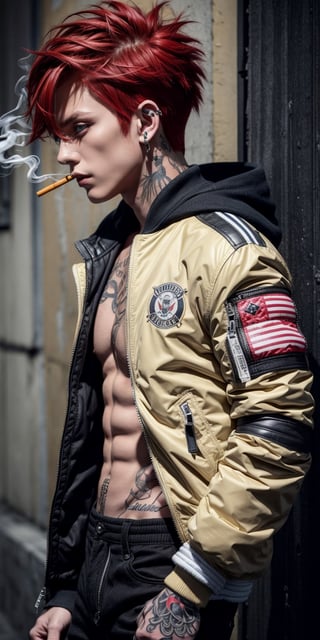 Best quality, masterpiece, 1boy, red hair, short hair, yellow eyes, spiky hair, tattoos, black pants, upper body, ear piercings, blue and white bomber jacket, profile picture, smoking