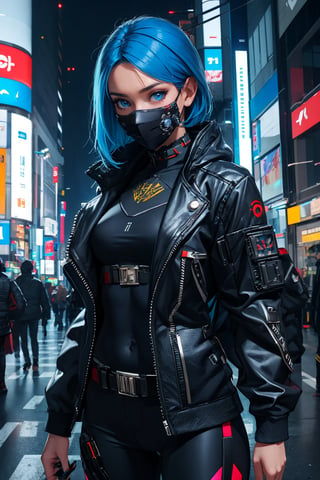 (Masterpiece:1.2), (high quality:1.2), (detailed:1.3) 1girl cyberpunk, intricate clothing, blue hair, blue eyes, mask,  looking at viewer, Shibuya, cowboy shot, sci-fi