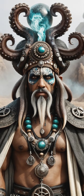 incredible depiction of a anthropomorphic octopus shaman, ancient and old, ornate trinkets, elaborate, tribal, beautiful, highly detailed and intricate, hypermaximalist, ornate, luxury, ominous, smoke, atmospheric desert, haunting, matte painting, cinematic, cgsociety, Antonio J. Manzanedo, Vladimir Matyukhin, Brian froud