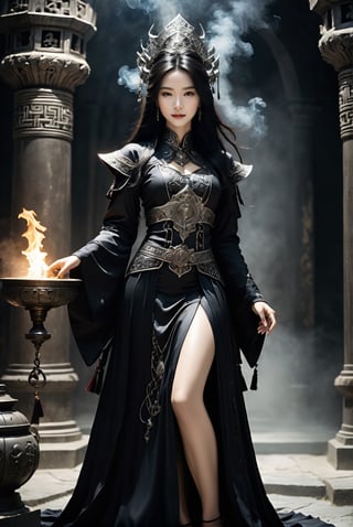 (full body shot):1.23, masterpiece, high quality, photorealistic:1.3, raw photo, (detailed face):1.25, (bright eyes):1.15, (symmetric face):1.15, a 17 years old breathtakingly beautiful chinese necromancer, dark sorceress outfit, walking in a (diablo 2) (eerie underground mausoleum):1.2, (metallic censer|thurible) with intense smoke, ((pronounced facial features):1.15, smiling, dim lighting, fujifilm provia 100 F,more detail XL