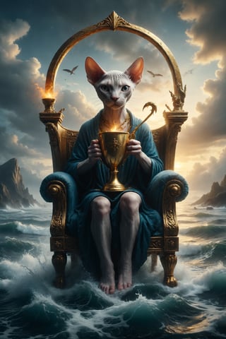 Design a scene of a male Sphynx cat on a floating throne above the sea, holding a golden metal cup and a scepter, with waves around, symbolizing emotional balance, compassion and control.