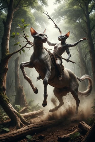 It generates a scene of a Sphynx cat riding an energetic horse, holding a wooden branch high, symbolizing action, impulsivity and passion.