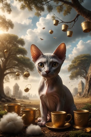 Create a scene of a bored Sphynx cat sitting under a tree, next to three golden cups and a fourth cup held in one hand, enveloped in a cloud
