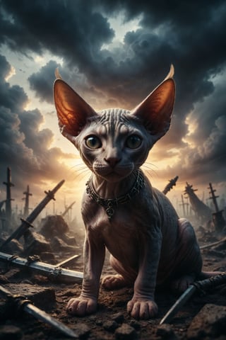 Create a scene of a Sphynx cat lying on the ground with ten swords stuck in its back, under a stormy sky with the sunrise, symbolizing collapse, ending, and the need to let go of the past.