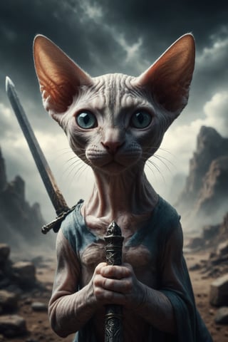 Design an image of a young Sphynx cat holding a one sword in a defiant attitude, with its eyes fixed on the horizon, symbolizing curiosity, vigilance