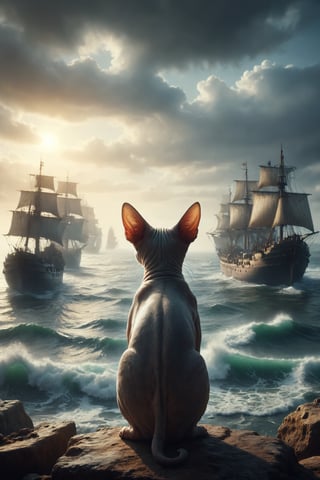 Generates an image of a Sphynx cat with its back turned, on the coast, watching ships at sea, symbolizing exploration, trade and expansion.