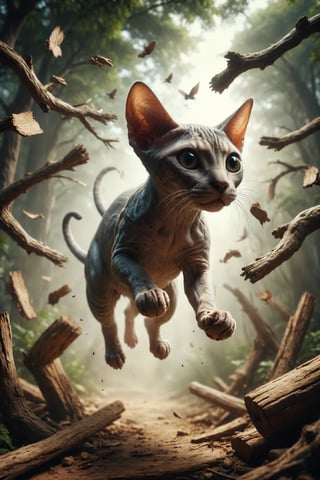 Design a scene of several wooden branches flying through the air, above a moving Sphynx cat, symbolizing speed, progress and quick action.