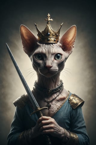 Create an image of a Sphynx cat holding a sword high, with a crown on the tip