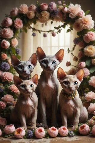 Create a scene of four 4 Sphynx cats celebrating with other cats under a flower garland, symbolizing celebration, stability and harmony in the home.