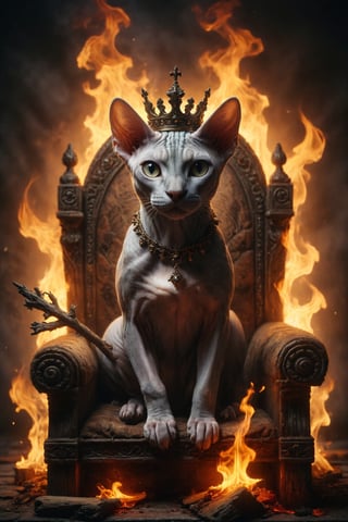 Design a scene of a male Sphynx cat with a crown on his head and holding a wooden branch, on a throne decorated with salamanders and flames, holding a staff, symbolizing leadership, vision and entrepreneurial energy.