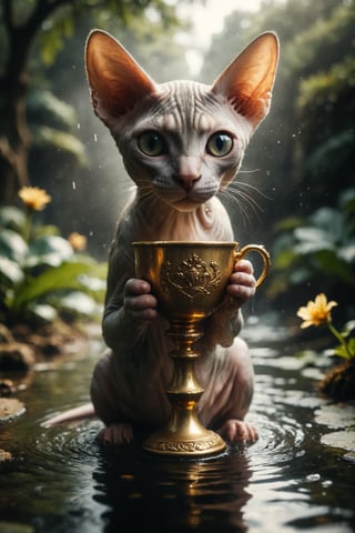 Create an image of a Sphynx cat holding a golden cup from which water flows and spills into a pond, symbolizing love, compassion, and fertility