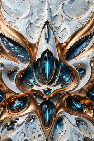 (best quality,  highres,  ultra high resolution,  masterpiece,  realistic,  extremely photograph,  detailed photo,  8K wallpaper,  intricate detail,  film grains), luxurious symmetrical sculptural form in metal, marble and glass in parametric style, inspired by the designs of Zaha Hadid, with fluid curves and pointed tips luxurious sculptural form in high definition, with wings and hypersonic super rocket with iridescent effect and flashing white dots
