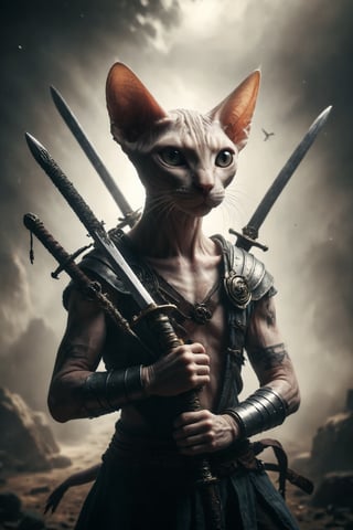 Creates an image of a Sphynx cat holding 5 swords, looking back where two other swords are visible