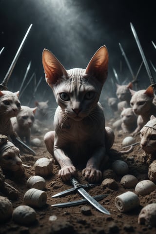 Design a scene of a Sphynx cat trapped among 8 swords stuck in the ground, blindfolded and surrounded by bandages, symbolizing limitation, self-limitation, and feeling trapped.
