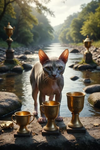 designs an image of a sad Sphynx cat standing by a river, looking sadly at three fallen trophy  golden cups while two golden cups remain standing behind him, symbolizing loss, regret and residual hope.