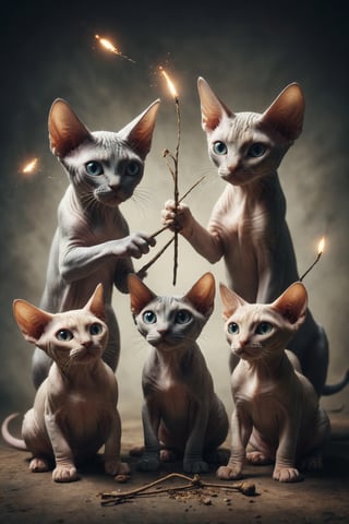 Design an image of 5 Sphynx cats in friendly competition, fighting with wands, symbolizing conflict, competition and challenges.