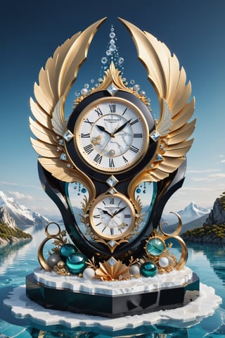 High definition photorealistic render of a luxury Beautiful clock floating on a mountain with sculptural sculptured ornament, at the bottom of the sea, with fish and marine life and bubbles, ice effects, with fluid and organic shapes, with precious stones, metal and marble, gold, with a background where it appears a parametric sculpture with dragon wings, in metal, marble and iridescent glass, with precious diamonds, with symmetrical curves in the shape of wings on a marble background, black and white details, chaotic swarowski, inspired by the style of Zaha Hadid, iridescence in gold, with black and white details. The design is inspired by the main stage of Tomorrowland 2022, with ultra-realistic Art Deco details and a high level of iridescence of image complexity, a photograph with professional photography parameters with focal aperture and depth of field and ISO