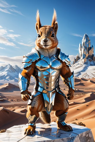 High definition photorealistic render of a incredible and mysterious mythological character of a warrior squirrel animal whit body men, warrior gladiator armor mistycal full body, in a mounstains desert whit luxury architecture parametric design in background, sky efect iridicent, blocks ice, with hypermaximalist details, marble, metal and glass parametric zaha hadid