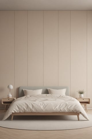 (best quality,  highres,  ultra high resolution,  masterpiece,  realistic,  extremely photograph,  detailed photo,  8K wallpaper,  intricate detail,  film grains),  High definition photorealistic photography of ultra luxury, Design concept for a bed on a room, entirely crafted from assembled wood in a Scandinavian style. Featuring rounded corners, fine woodwork, and pastel colors. The bed should be showcased empty against a neutral backdrop, embodying the serene essence of Scandinavian minimalism. This is a photographic scene designed with advanced photography, CGI, and VFX parameters, in high definition, ensuring flawless execution, high level of intricacy in the image.