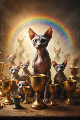 Create a scene of a Sphynx cat with its family, under a rainbow of ten trophy golden cups, symbolizing family happiness, harmony, and emotional fulfillment.
