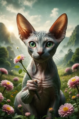 Create an image of a Sphynx cat holding a flowering wand over a green landscape, symbolizing the beginning of new ideas, projects, and creativity.