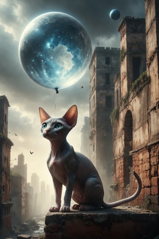 Diseña una escena de un gato Sphynx sosteniendo un globo terráqueo, mirando hacia un horizonte amplio desde una muralla, simbolizando la planificación y la visión a largo plazo.