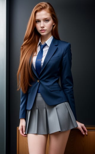 super realistic image, high quality uhd 8K, of 1 girl, detailed realistic ((slim body, high detailed)), (tall model), redhead, long ginger hair, high detailed realistic skin, (school uniform with miniskirt), real vivid colors, standing