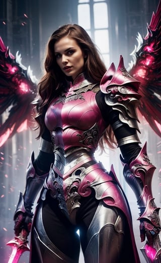 (masterpiece, best quality:1.2), Character design, ((1 girl, solo)), warrior of xian, slim body, medium chest, skinny waist, ((long deep red hair)). blue eyes. (((pink fantasy armor a female knight in a pink full armor))), (((big pauldrons, intricate details))), (((large armor wings))), (((advanced weapon fantasy plasma sword in right hand))), (standing), plain gray background, masterpiece, HD high quality, 8K ultra high definition, ultra definition,1 girl