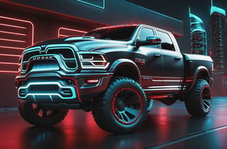 photorealistic image, masterpiece, high quality 8K, of a futuristic science fiction fantasy ((large DODGE RAM)), Tron legacy, black and red neon lights, good lighting, at night, sharp focus