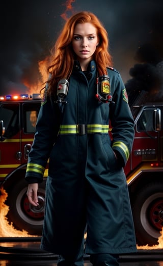 super realistic image, high quality uhd 8K, of 1 girl, detailed realistic ((slim body, high detailed)), (tall model), redhead, long ginger hair, high detailed realistic skin, (firefighter uniform against fire), ((firefighter large coat)), real vivid colors, standing