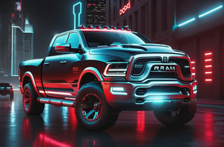 photorealistic image, masterpiece, high quality 8K, of a futuristic science fiction fantasy ((DODGE RAM)), Tron legacy, black and red neon lights, good lighting, at night, sharp focus