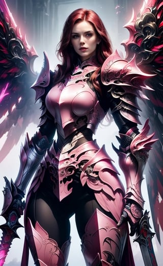(masterpiece, best quality:1.2), Character design, ((1 girl, solo)), warrior of xian, slim body, medium chest, skinny waist, ((long deep red hair)). blue eyes. (((pink fantasy armor a female knight in a pink full armor))), (((big pauldrons, intricate details))), (((large armor wings))), (((advanced weapon fantasy plasma sword in right hand))), (standing), plain gray background, masterpiece, HD high quality, 8K ultra high definition, ultra definition,1 girl,Masterpiece