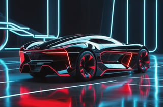 photorealistic image, masterpiece, high quality 8K, of a futuristic car, Tron legacy, black and red neon lights, good lighting, at night, sharp focus