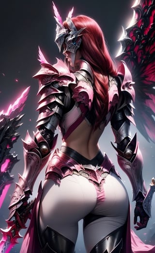 (masterpiece, best quality:1.2), Character design, ((1 girl, solo)), warrior of xian, slim body, medium chest, skinny waist, ((long deep red hair)). blue eyes. (((pink fantasy armor a female knight in a pink full armor))), (((big pauldrons, intricate details))), (((large armor wings))), (((advanced weapon fantasy plasma sword in right hand))), (standing), ((back body view)), plain gray background, masterpiece, HD high quality, 8K ultra high definition, ultra definition,1 girl,Masterpiece