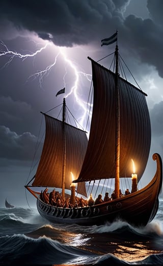 at night, two Viking boats sailing through a raging sea, lightning and thunder in the sky, (((with a single candle in the center))), good lighting, realistic, bestial quality, masterpiece, UHD 8k, sharp focus