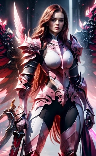 (masterpiece, best quality:1.2), Character design, ((1 girl, solo)), warrior of xian, slim body, medium chest, skinny waist, ((long deep red hair)). blue eyes. (((pink fantasy armor a female knight in a pink full armor))), (((big pauldrons, intricate details))), (((large armor wings))), (((advanced weapon fantasy plasma sword in right hand))), (standing), plain gray background, masterpiece, HD high quality, 8K ultra high definition, ultra definition,1 girl,Masterpiece