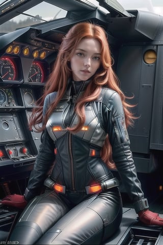 Super realistic image, high quality uhd 8K, of 1 pilot girl, realistically detailed ((slim body, highly detailed)), (tall model), redhead, long red hair, highly detailed realistic skin, (((sitting, piloting fighter plane futuristic fighter))), (futuristic fighter pilot suit), very bright colors, sitting in the cockpit of the fighter plane