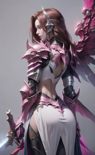 (masterpiece, best quality:1.2), Character design, ((1 girl, solo)), warrior of xian, slim body, medium chest, skinny waist, ((long deep red hair)). blue eyes. (((pink fantasy armor a female knight in a pink full armor))), (((big pauldrons, intricate details))), (((large armor wings))), (((advanced weapon fantasy plasma sword in right hand))), (standing), ((back body view)), plain gray background, masterpiece, HD high quality, 8K ultra high definition, ultra definition,1 girl