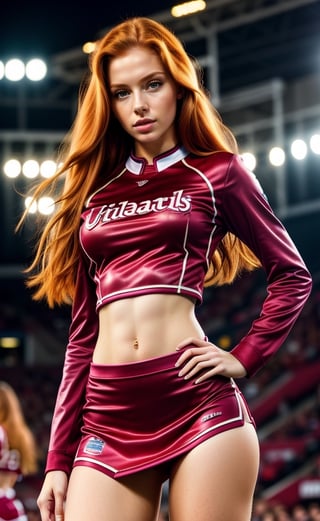 super realistic image, high quality uhd 8K, of 1 girl, detailed realistic ((slim body, high detailed)), (tall model), redhead, long ginger hair, high detailed realistic skin, (cheerleader uniform long miniskirt), real vivid colors, standing