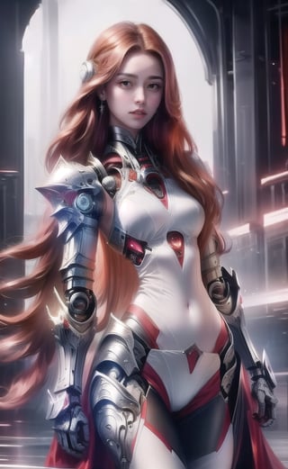 super realistic image, high quality uhd 8K, of ((1 girl)), detailed realistic ((slim body, high detailed)), skinny waist, (tall model), redhead, long ginger hair, high detailed realistic skin, (((white armorpantie, intrincate details))), ((cybernetic tegnology arms)), non cybernetic abdomen, real vivid colors, standing,warriorofxian,1 girl