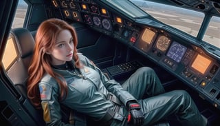 Super realistic image, high quality uhd 8K, of 1 pilot girl, realistically detailed ((slim body, highly detailed)), (tall model), redhead, long red hair, highly detailed realistic skin, (camera view from outside the plane), (((sitting, piloting a futuristic fighter plane))), (futuristic fighter pilot suit), very bright colors, sitting in the cockpit of the fighter plane,F-22