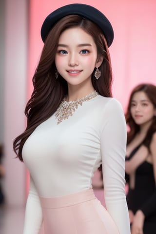 On a pink runway background, a stunning 18-year-old Russian girl exudes elegance. She wears a tight, long-sleeved white dress with a matching hat, holding a shopping bag while flashing a happy smile. Her calm expression belies the nervous glance she shoots from beneath luscious dark hair and bangs, her eyes sparkling with an eye-smile. A masterpiece of photorealism, this image features ultra-detailed facial features, sharp focus, and a perfect dynamic composition that showcases her Glamor body type. She accessorizes with simple earrings and necklace, radiating Sugar babe sweetness as she strikes a confident model pose.