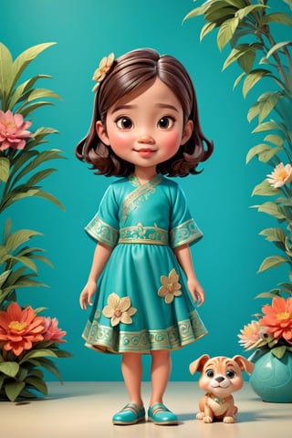 Caricature figure of 1girl kid, 4yo,  Vietnamese, head, legs, feet, wearing cinderrela dress, teal dimentional background, high-res,Wonder of Art and Beauty,3DMM,3d style,Enhanced All,Pure Beauty