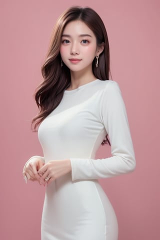 background is runway, pink color background,
18 yo, 1 girl, beautiful russian girl,wearing tight white dress(long sleeves),long white lady hat,holding shopping bag,happy smile, solo, {beautiful and detailed eyes}, dark eyes, calm expression, delicate facial features, ((model pose)), Glamor body type, (dark hair:1.2), simple tiny earrings, simple tiny necklace,bangs, flim grain, realhands, masterpiece, Best Quality, 16k, photorealistic, ultra-detailed, finely detailed, high resolution, perfect dynamic composition, beautiful detailed eyes, eye smile, ((nervous and embarrassed)), sharp-focus, full_body, cowboy_shot,Hyper,Sugar babe,chinatsumura,Wonder of Art and Beauty,NDP,Enhance