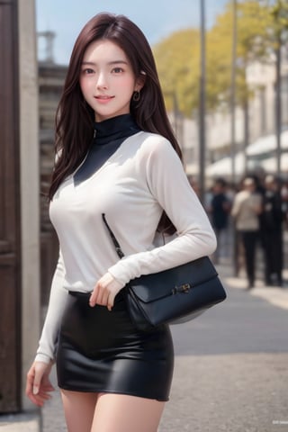 background is street,the Arc de Triomphe,triumphal arch,Paris,
18 yo, 1 girl, beautiful korean girl,
wearing tight black sweater(turtle neck,simple),tight leather short skirt,black long boots,shoulder bag, smile, solo, {beautiful and detailed eyes}, dark eyes, calm expression, delicate facial features, ((model pose)), Glamor body type, (dark hair:1.2), simple tiny earrings, simple tiny necklace,very_long_hair, hair past hip, bangs, curly hair, flim grain, realhands, masterpiece, Best Quality, 16k, photorealistic, ultra-detailed, finely detailed, high resolution, perfect dynamic composition, beautiful detailed eyes, eye smile, ((nervous and embarrassed)), sharp-focus, full_body, cowboy_shot,Sugar babe 