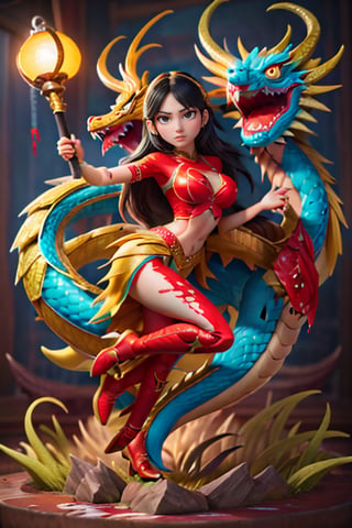 Best quality, masterpiece, ultra high res, 1 girl, beautiful face, detailed skin, gu, dragon, full body, weapon, black hair, holding weapon, blood, arm guards, male focus, looking at viewer, black eyes, tabi, floating hair, full body, orange, hands up,cloudstick