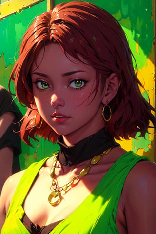 1girl, solo, Yukina, oil painting, impasto, looking at viewer, a young woman, 32 years old, red hair, shoulder length hair, green eyes, muscular body, tribal necklace, urban psychedelic outfit, psychedelic  background, masterpiece, nijistyle, niji, ,sciamano240, soft shading, yukina