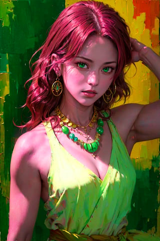 1girl, solo, Yukina, oil painting, impasto, looking at viewer, a young woman, 32 years old, red hair, shoulder length hair, green eyes, muscular body, tribal necklace, urban psychedelic outfit, psychedelic  background, masterpiece, nijistyle, niji, ,sciamano240, soft shading, yukina