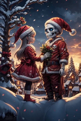 santa costume, skeleton, santa hat, dress, skull, tree, flower, snow, fur trim, glowing, 1girl, bow, sky, 1boy, outdoors, belt,Santa Claus